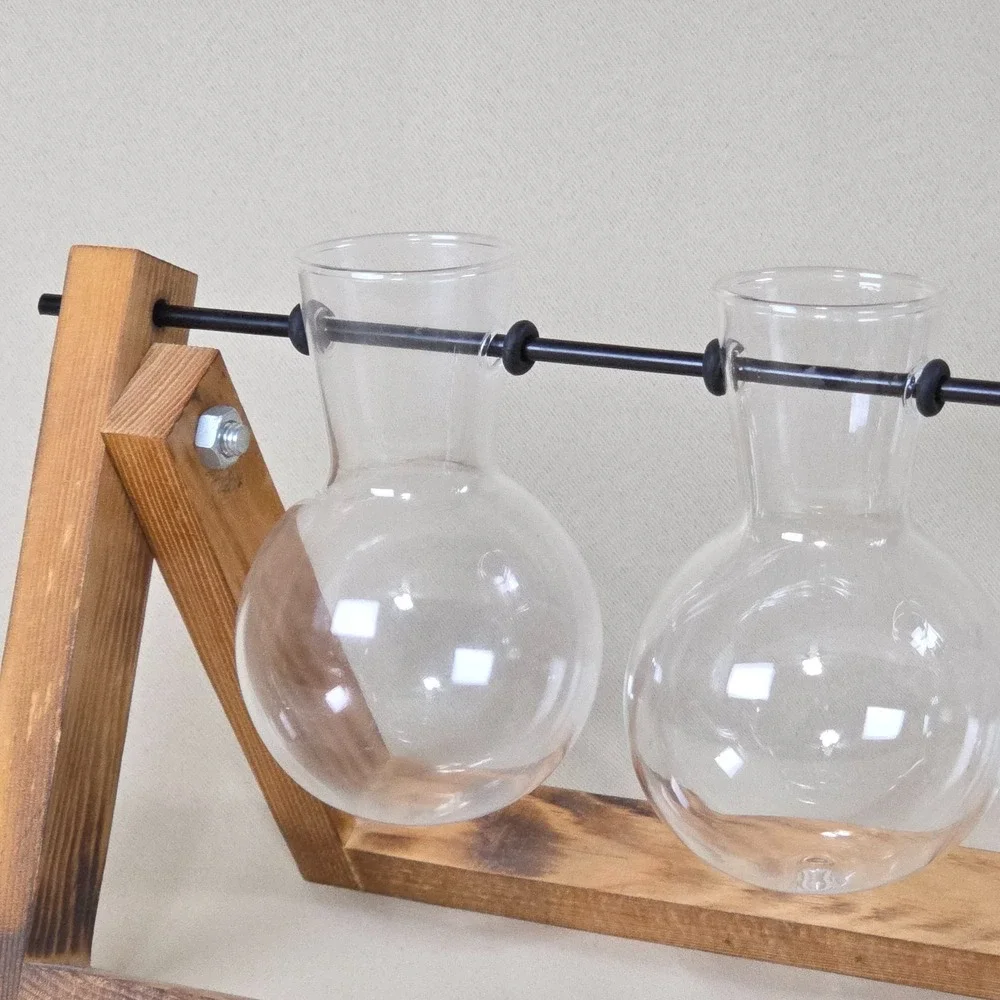 Plant Propagation Station 3 Bulb Glass Vases Burnt Wood Stand Terrarium